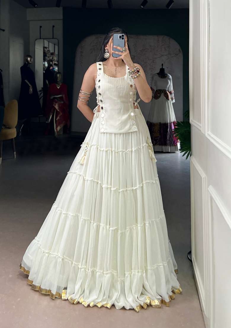 White Mirror Work Feather Light Fabric Chaniya Choli Set For Navratri And Garba for Diwali | Wedding & Festive Wear - Indya