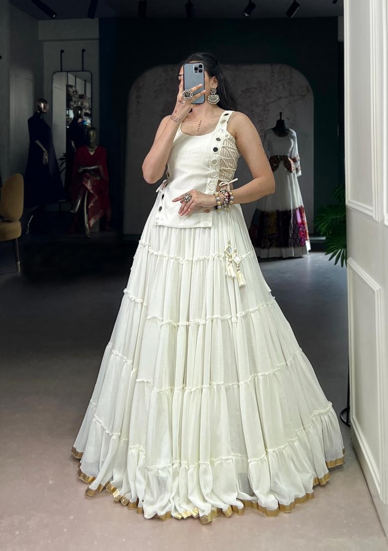 White Mirror Work Feather Light Fabric Lehenga Set - Indya