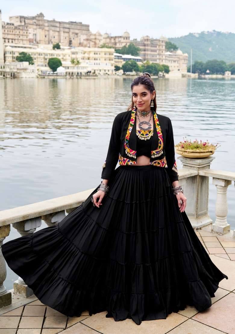Black Mirror Work Rayon Lehenga Set for Diwali and Festive Wear - Indya