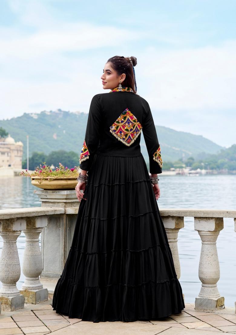 Black Mirror Work Rayon Lehenga Set - Indya