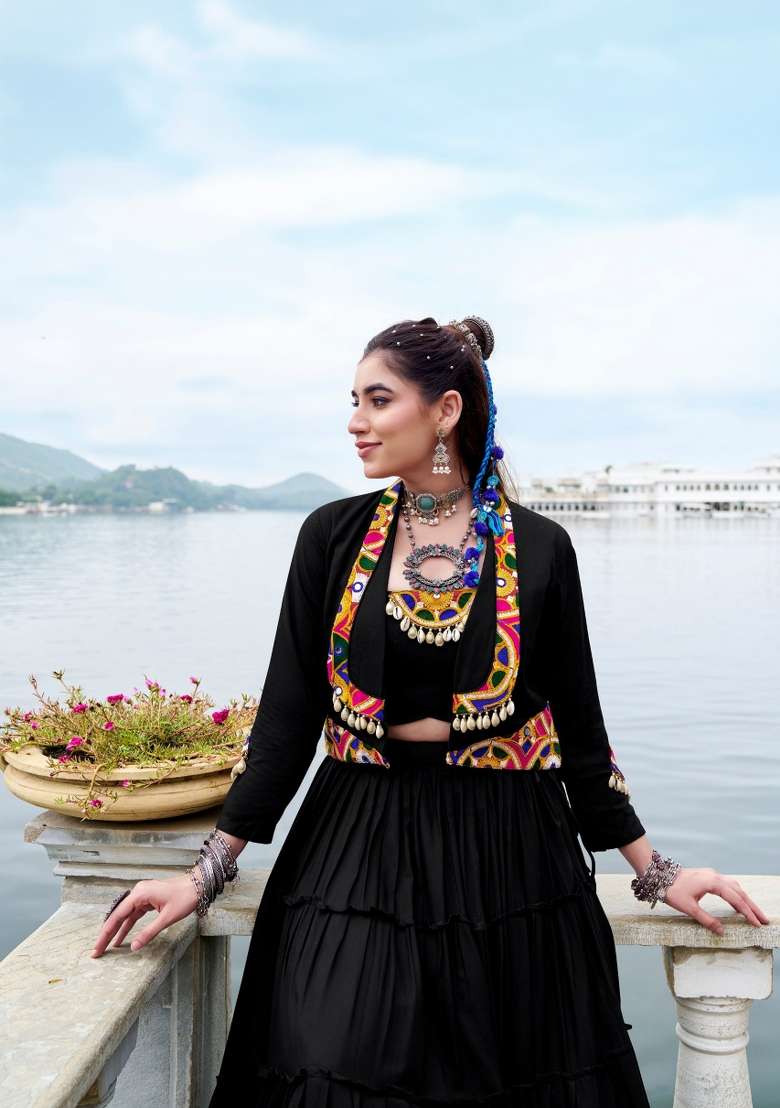 Black Mirror Work Rayon Lehenga Set for Diwali and Festive Wear - Indya