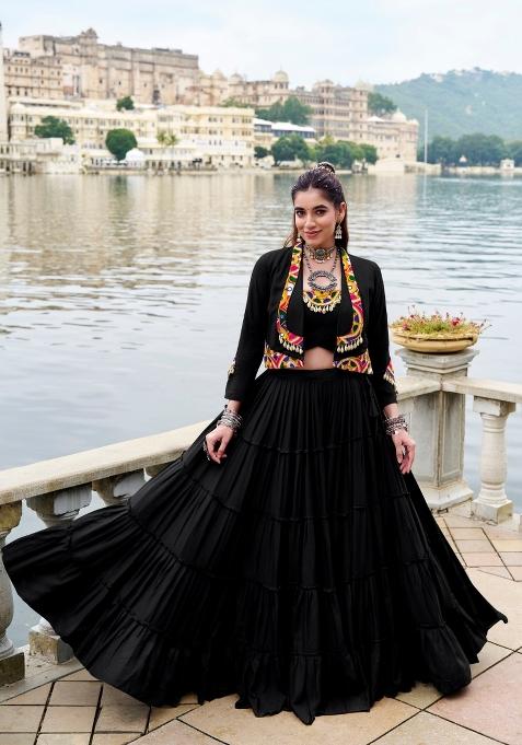 Black Mirror Work Rayon Lehenga Set