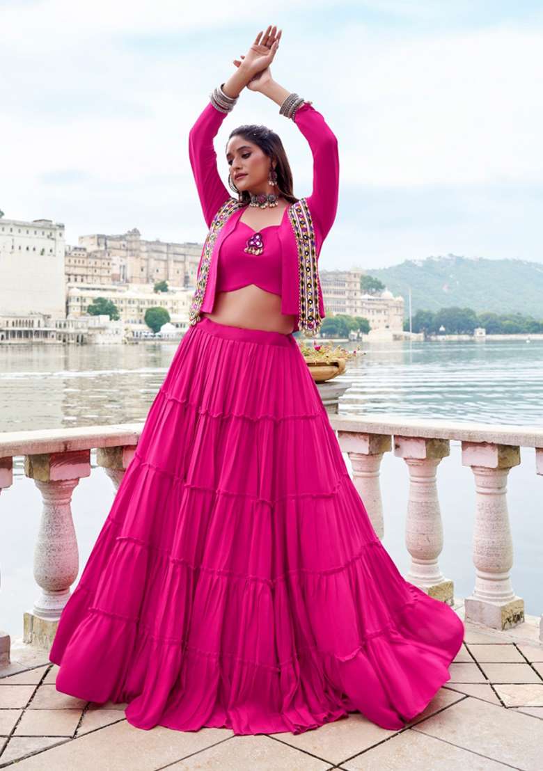 Pink Mirror Work Rayon Lehenga Set - Indya