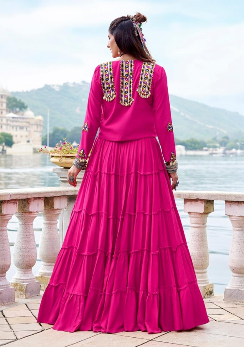Pink Mirror Work Rayon Lehenga Set - Indya