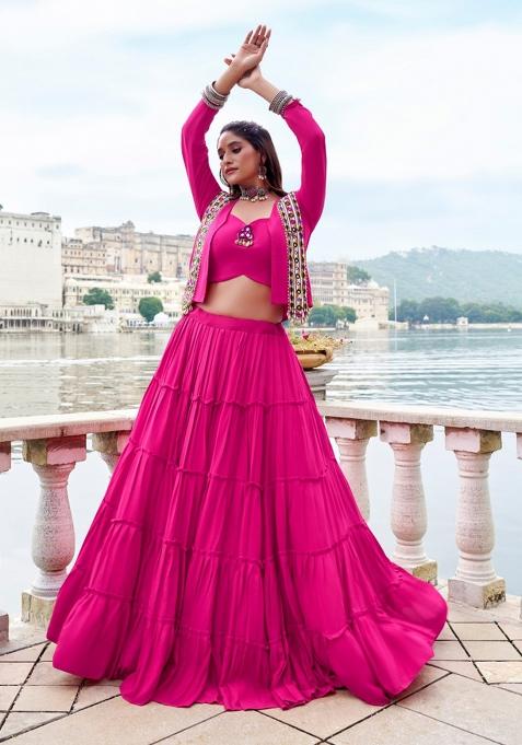 Pink Mirror Work Rayon Lehenga Set