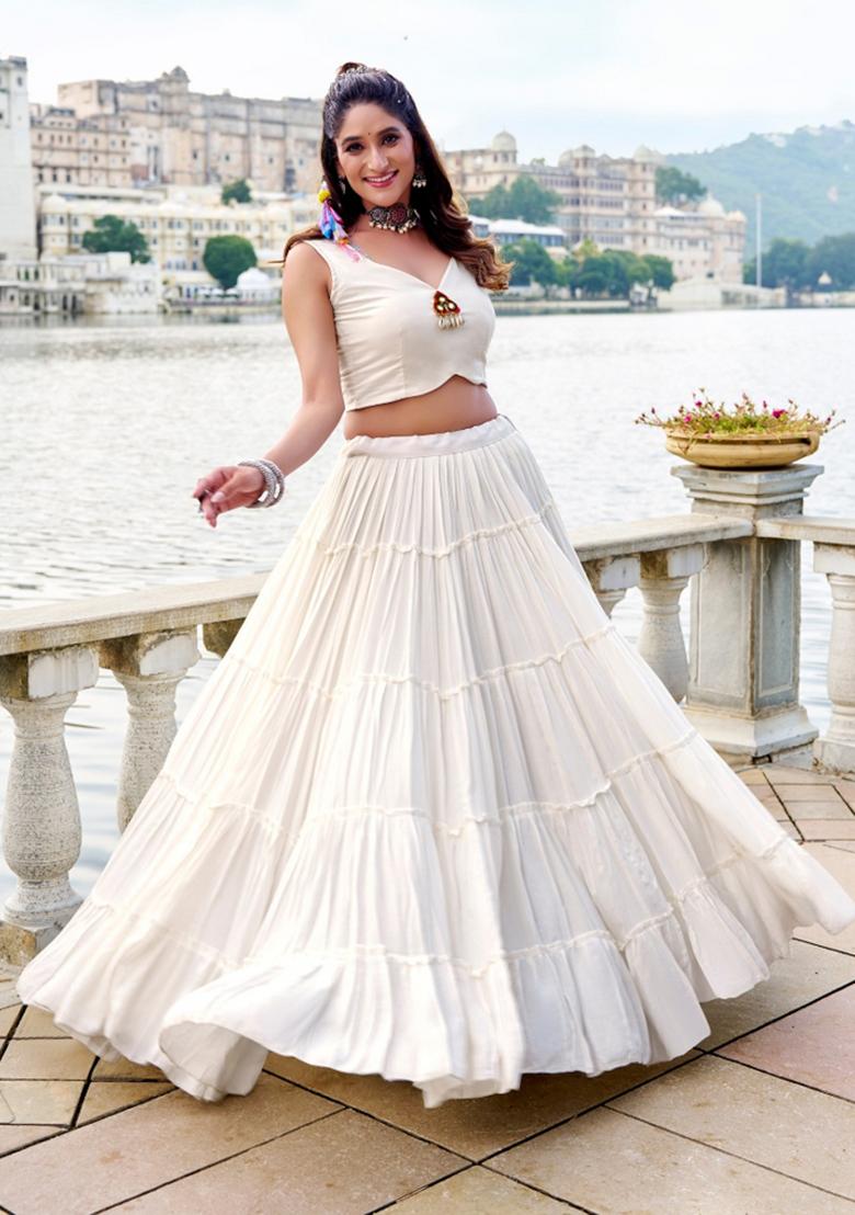 White Mirror Work Rayon Lehenga Set - Indya