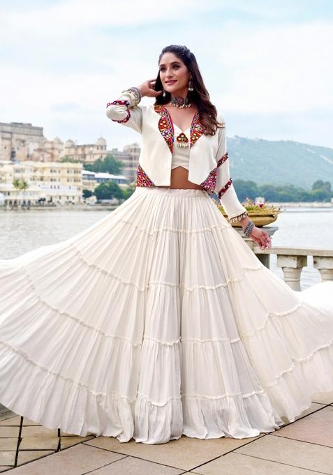 White Mirror Work Rayon Lehenga Set