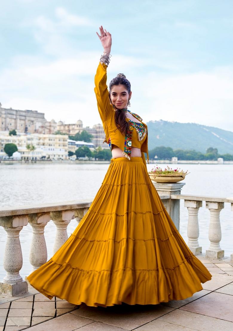 Mustard Mirror Work Rayon Lehenga Set - Indya