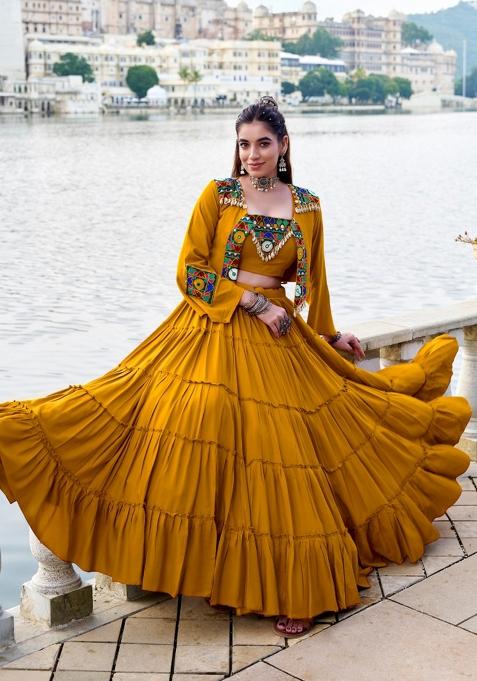 Mustard Mirror Work Rayon Lehenga Set