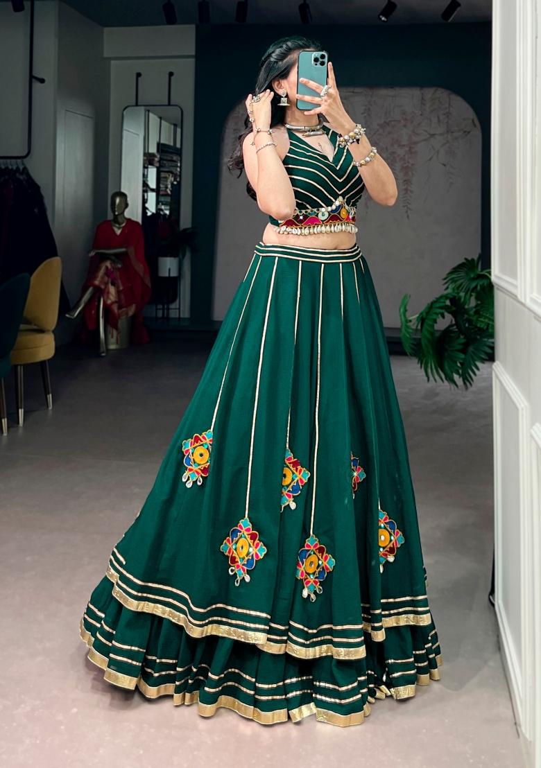 Green Mirror Work Lehenga Set - Indya