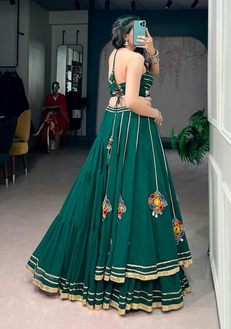 Green Mirror Work Lehenga Set - Indya