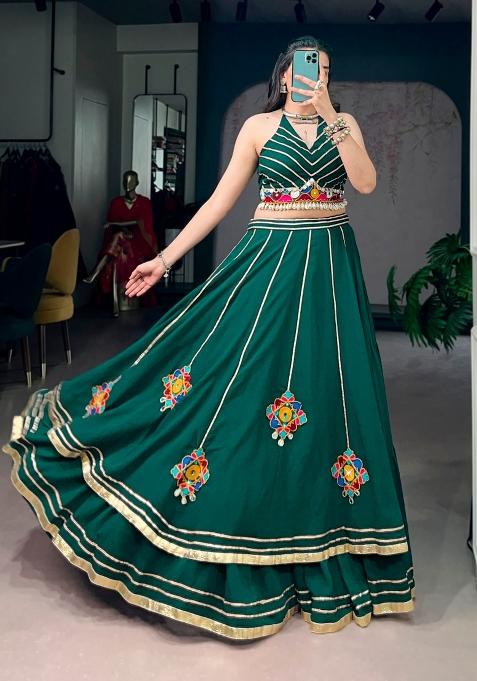 Green Mirror Work Lehenga Set