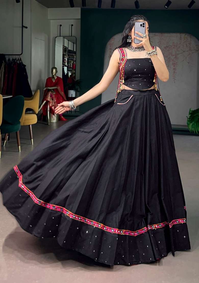 Black Mirror Work Cotton Lehenga Set - Indya