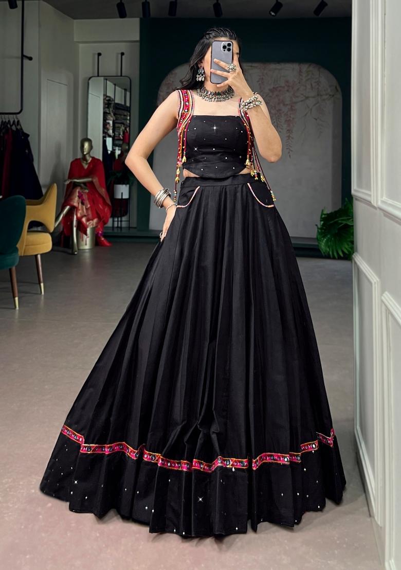 Black Mirror Work Cotton Lehenga Set - Indya