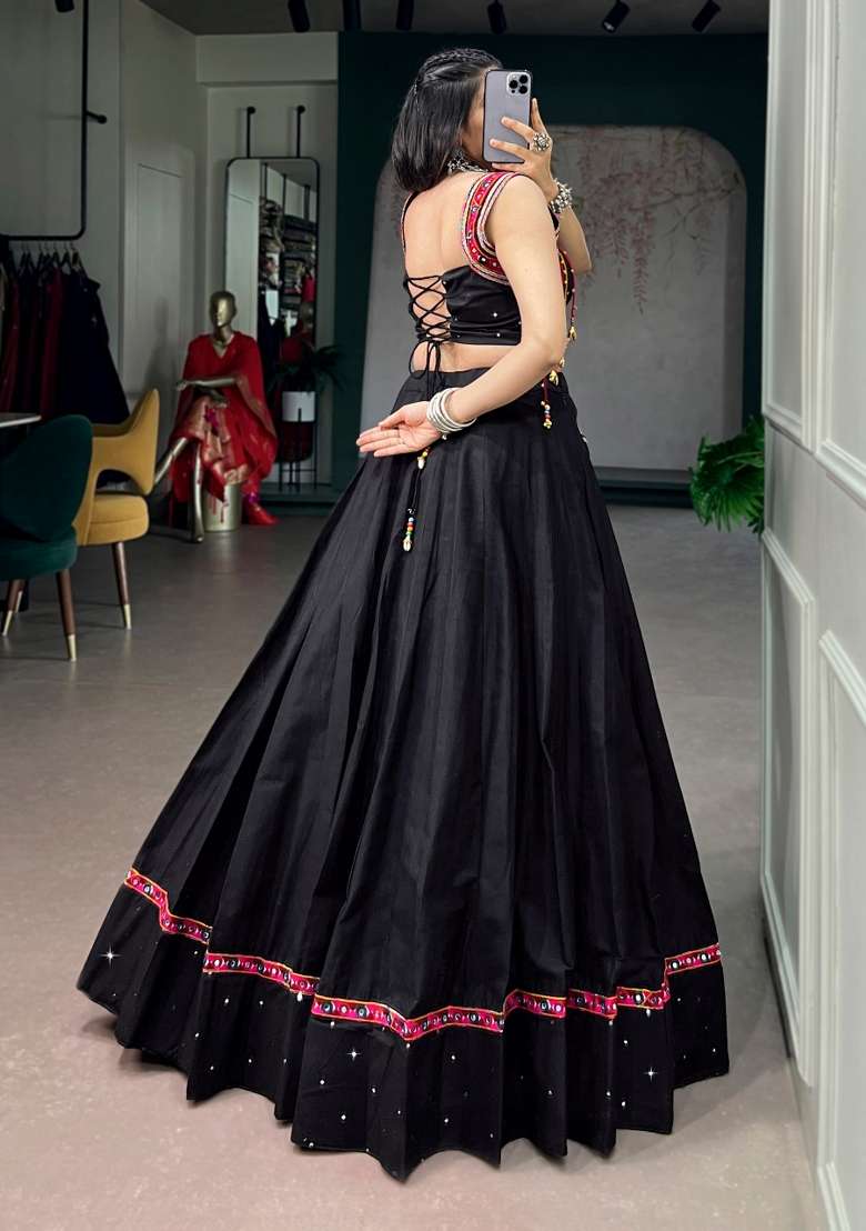 Black Mirror Work Cotton Lehenga Set - Indya