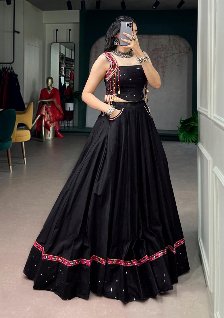 Black Mirror Work Cotton Lehenga Set - Indya
