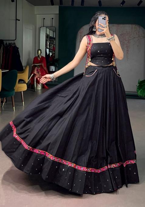 Black Mirror Work Cotton Lehenga Set