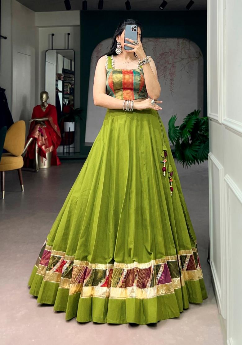 Pista Zari Weaving Cotton Lehenga Set - Indya