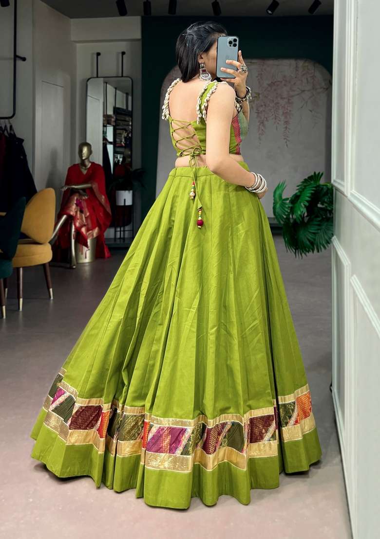 Pista Zari Weaving Cotton Lehenga Set - Indya
