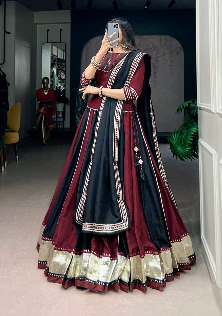 Maroon Mirror Work Chinon Lehenga Set - Indya