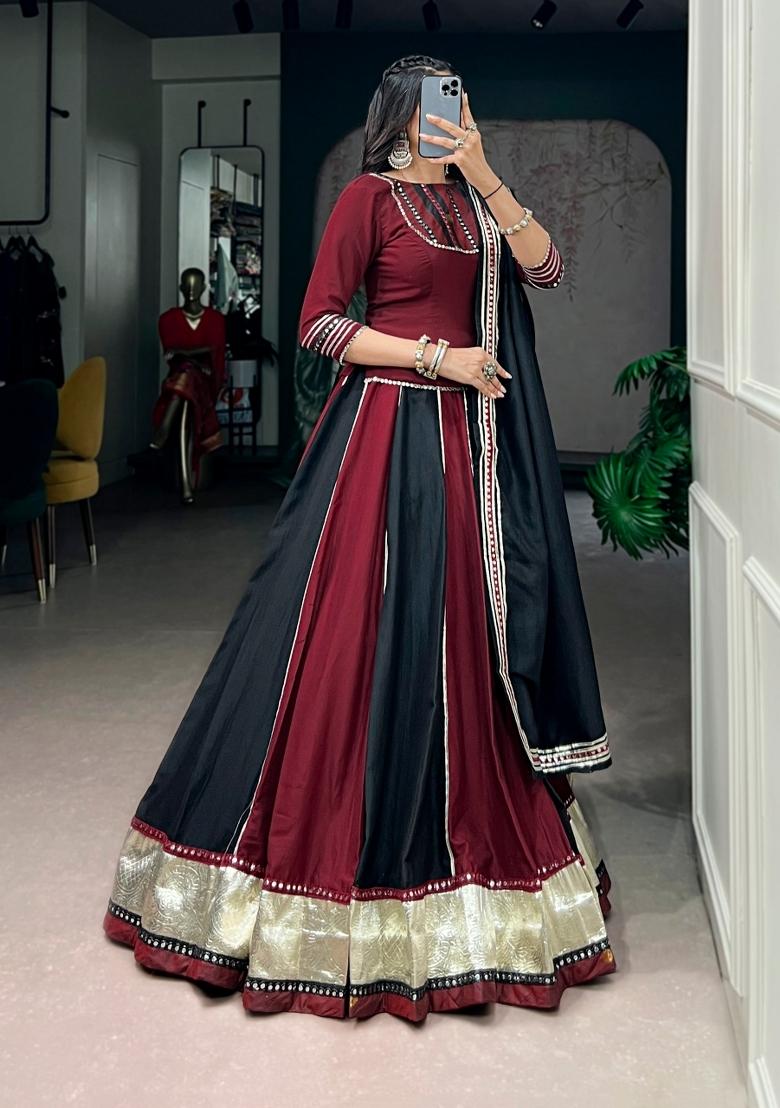 Maroon Mirror Work Chinon Lehenga Set - Indya