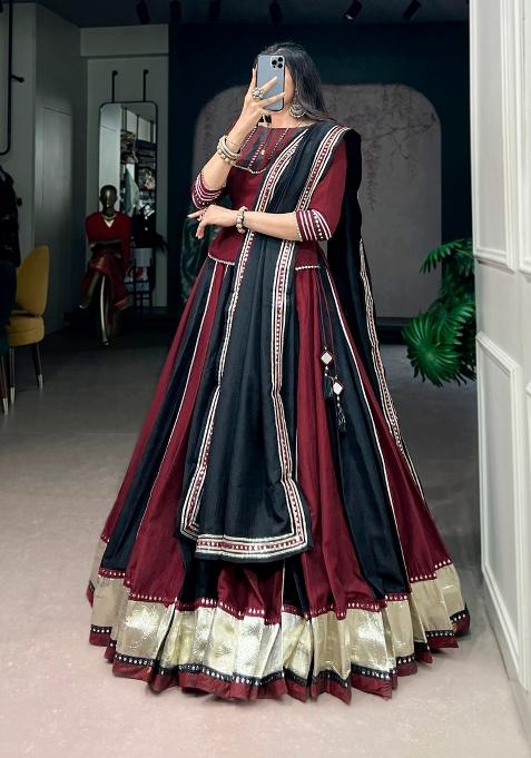 Maroon Mirror Work Chinon Lehenga Set