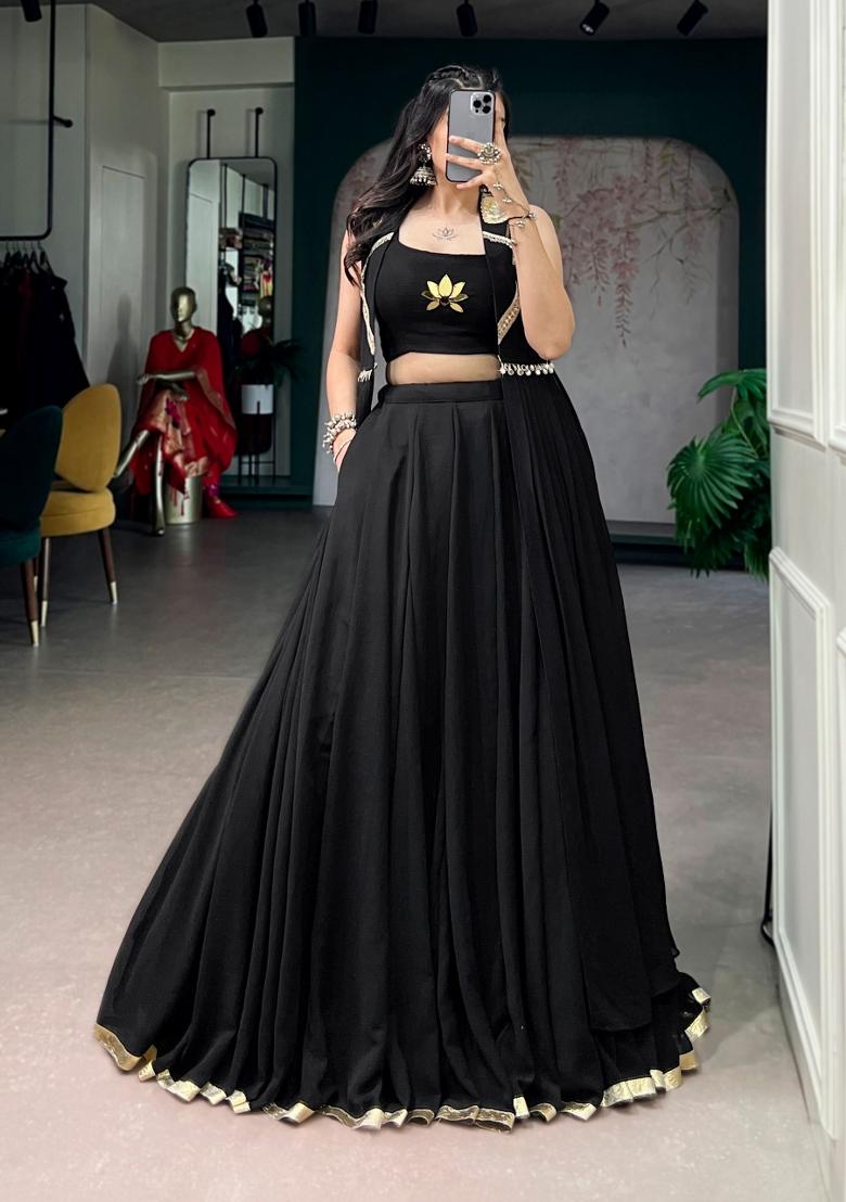 Black Lotus Handwork Feather Light Fabric Lehenga Set - Indya