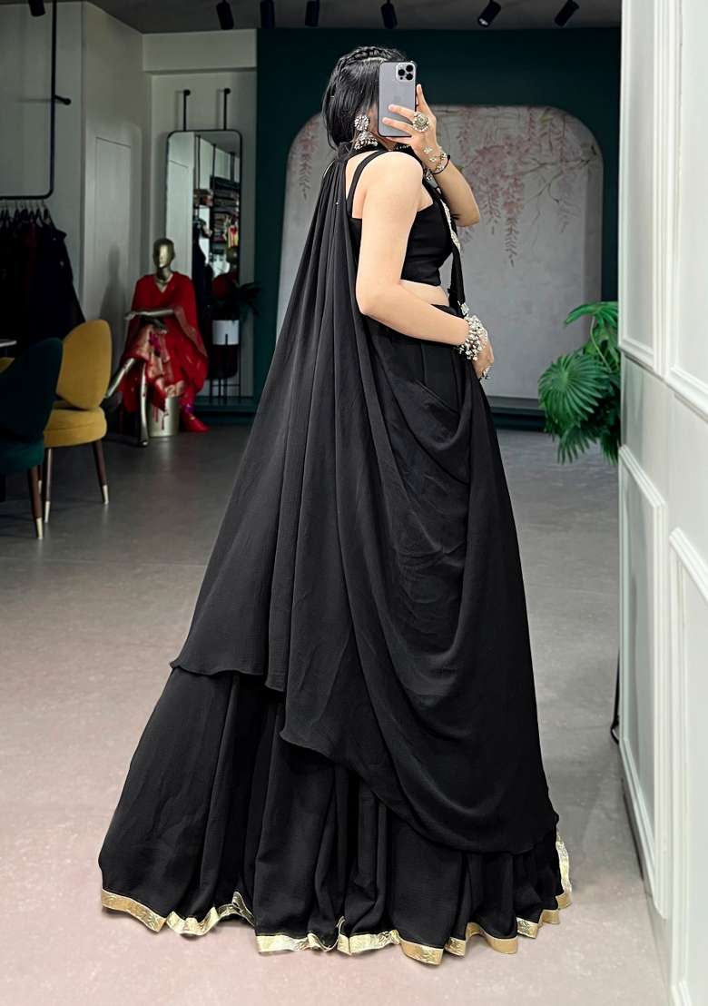 Black Lotus Handwork Feather Light Fabric Lehenga Set - Indya