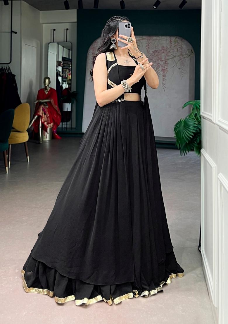 Black Lotus Handwork Feather Light Fabric Lehenga Set - Indya