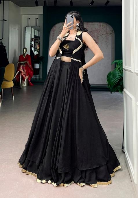 Black Lotus Handwork Feather Light Fabric Lehenga Set