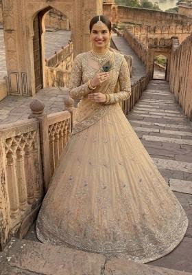 Cream Embroidered Silk Lehenga Set