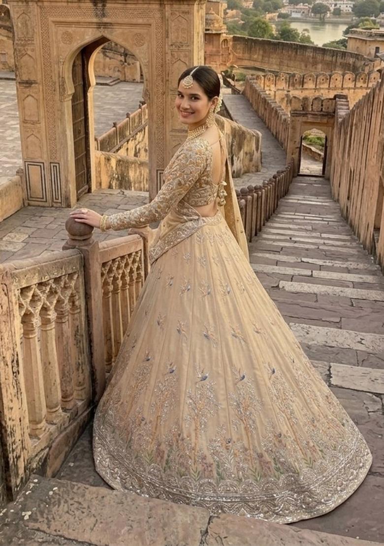 Cream Embroidered Silk Lehenga Set - Indya