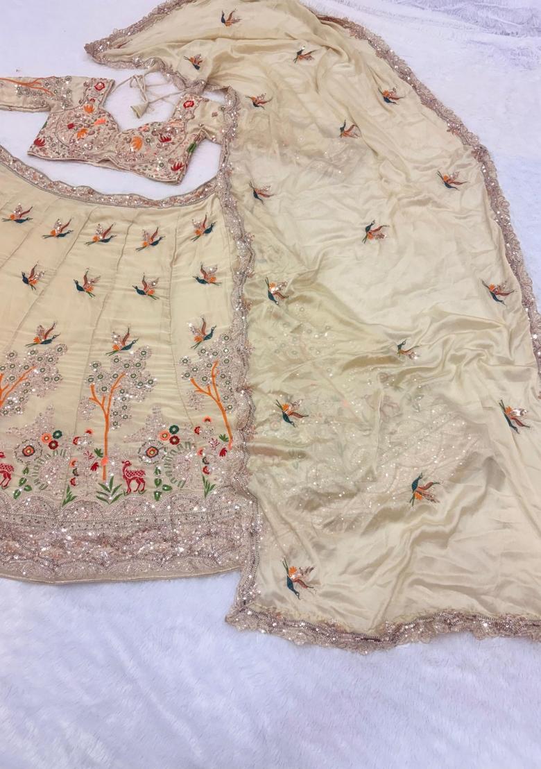 Cream Embroidered Silk Lehenga Set - Indya