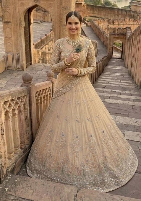 Cream Embroidered Silk Lehenga Set