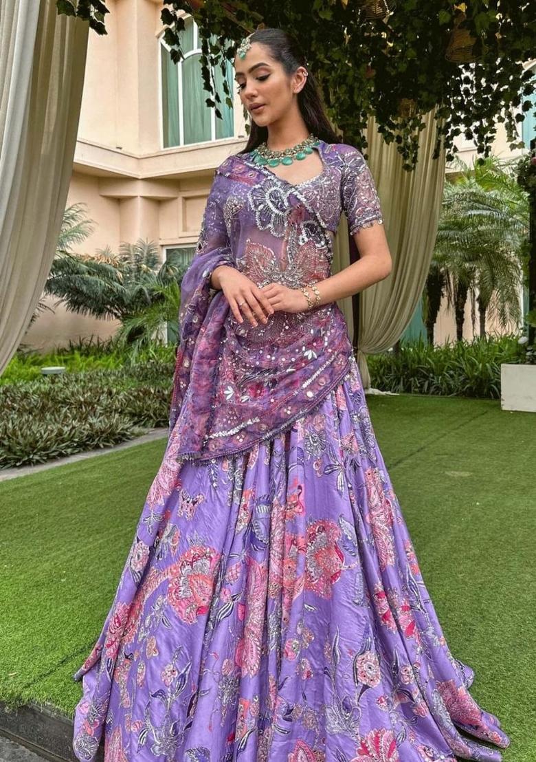 Lavender Embroidered Silk Lehenga Set - Indya