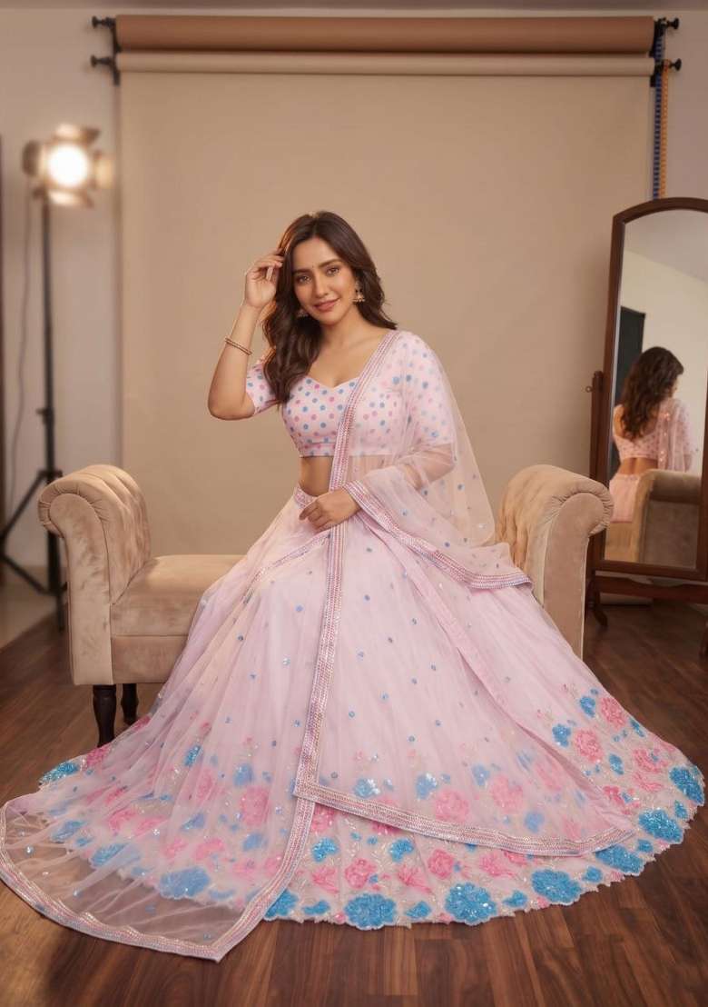Light Pink Embroidered Georgette Lehenga Set for Diwali and Festive Wear - Indya