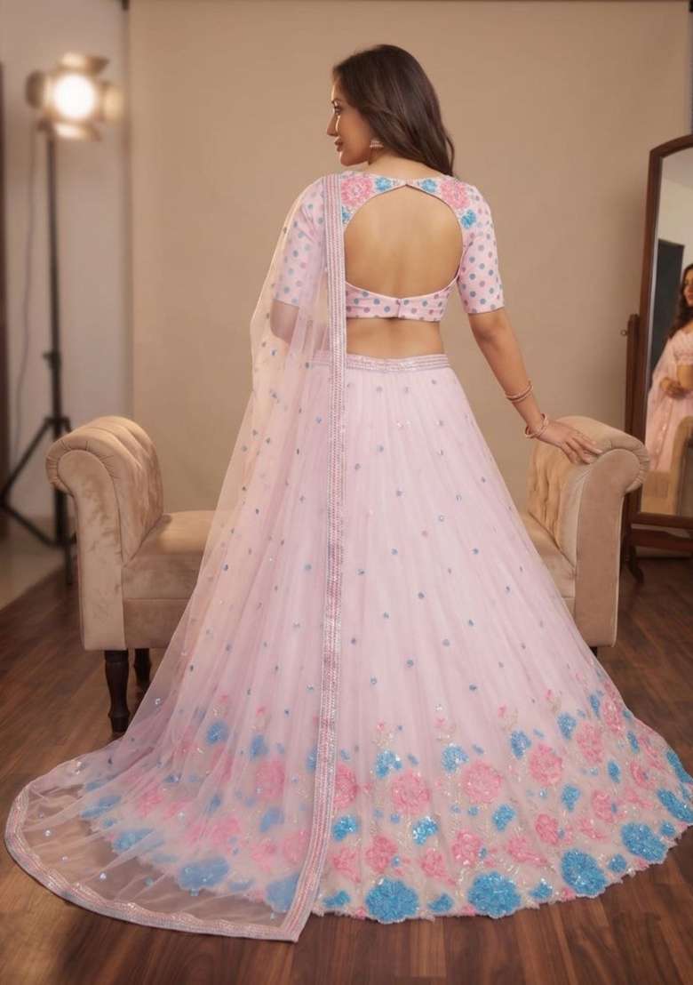 Light Pink Embroidered Georgette Lehenga Set for Diwali and Festive Wear - Indya