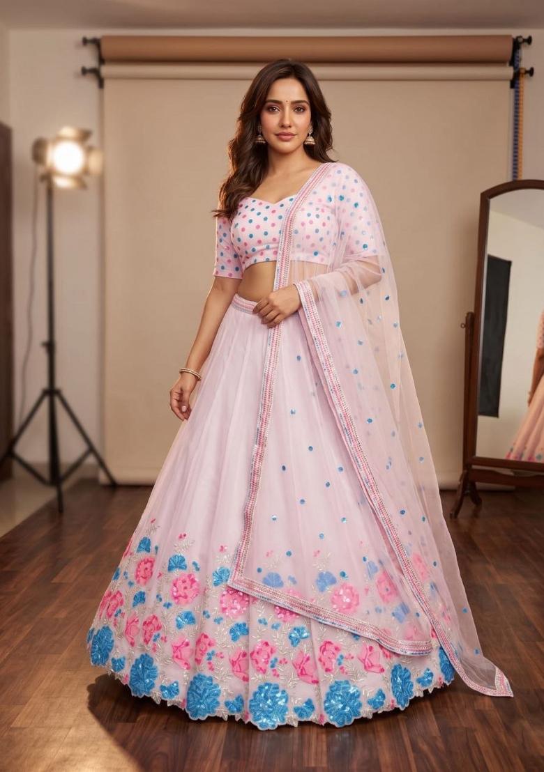 Light Pink Embroidered Georgette Lehenga Set - Indya