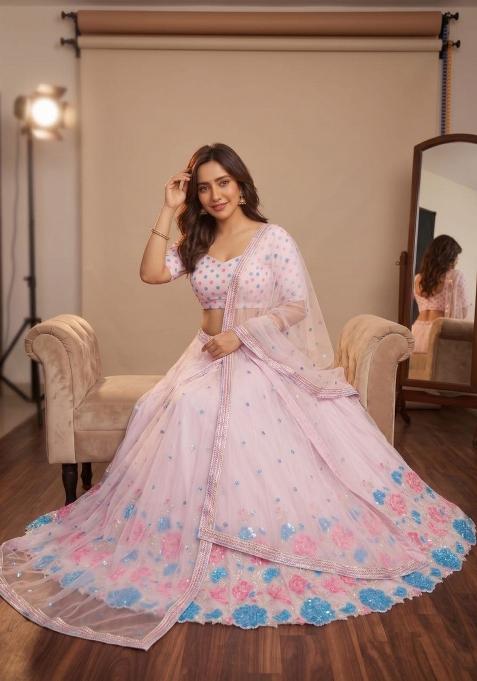 Light Pink Embroidered Georgette Lehenga Set
