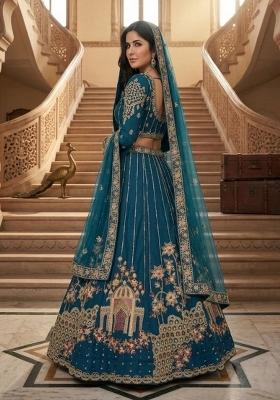 Teal Green Embroidered Net Lehenga Set