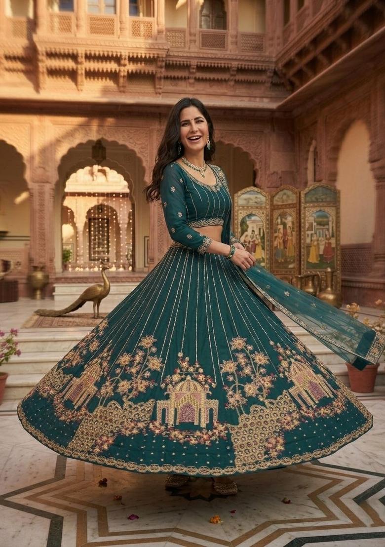 Teal Green Embroidered Net Lehenga Set - Indya