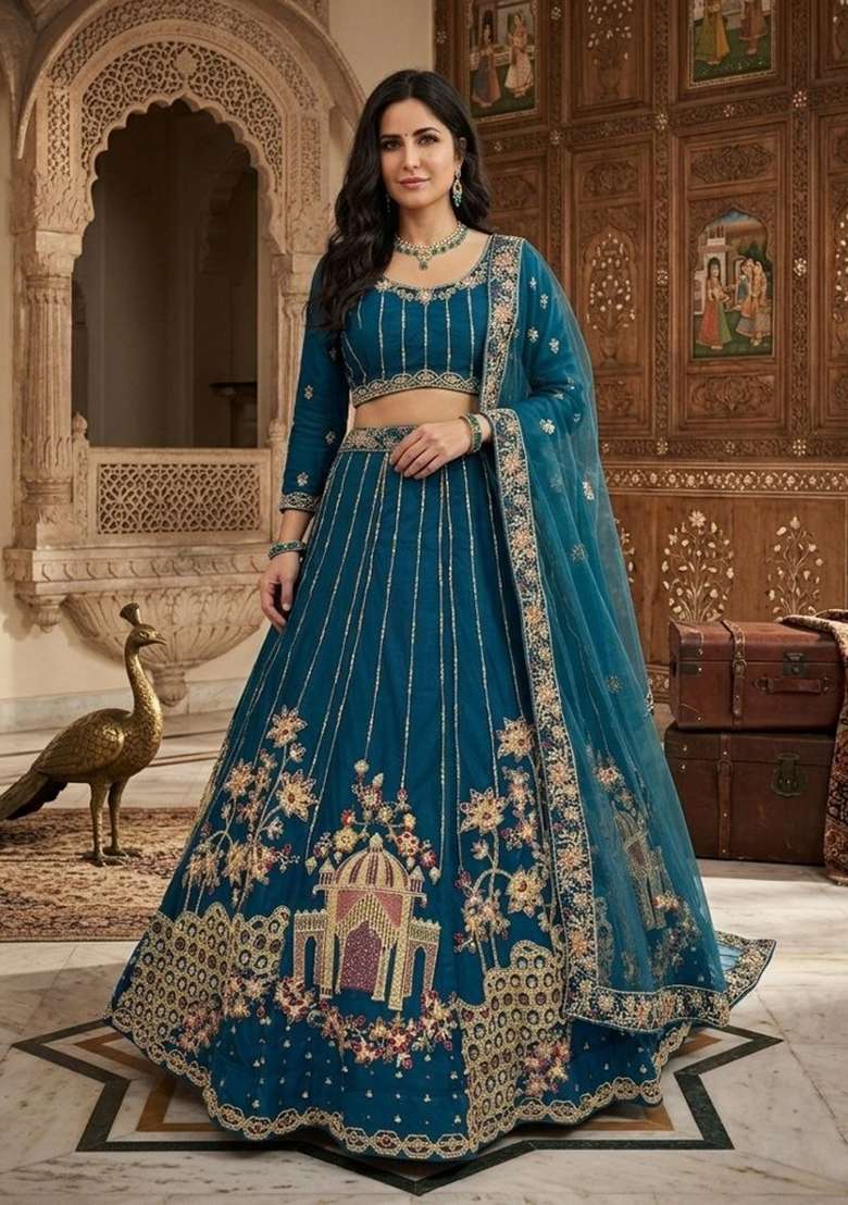 Teal Green Embroidered Net Lehenga Set - Indya