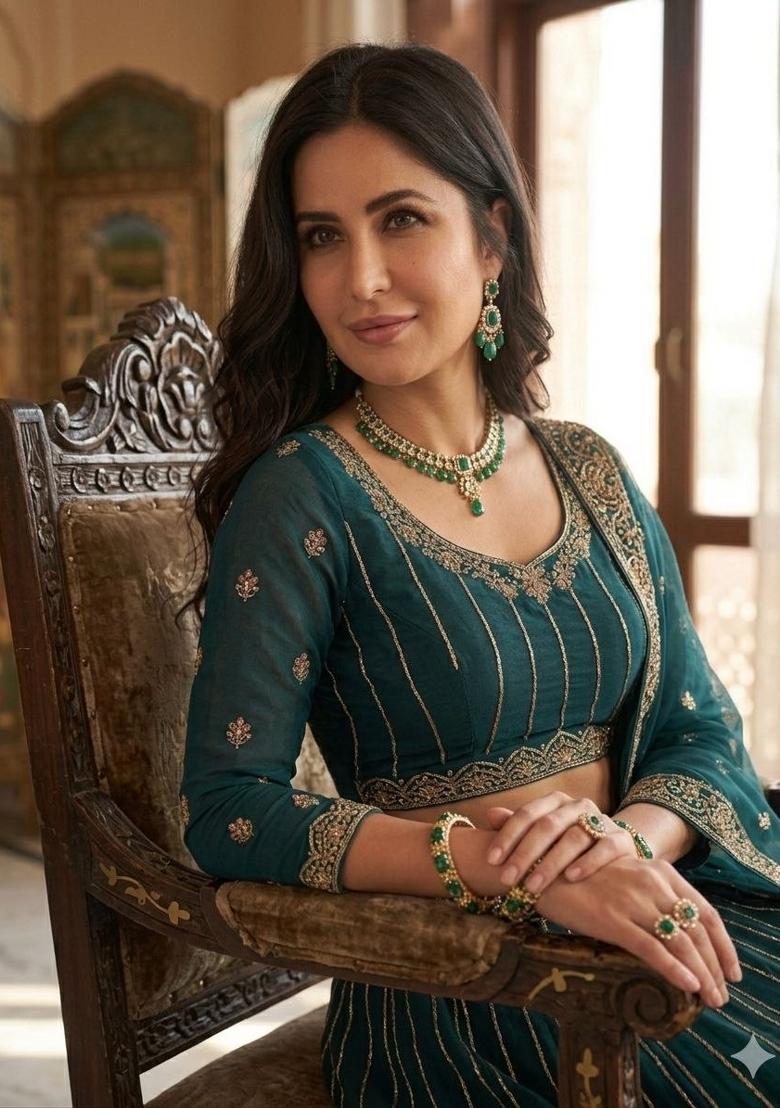 Teal Green Embroidered Net Lehenga Set - Indya