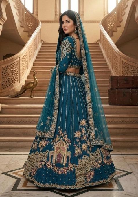Teal Green Embroidered Net Lehenga Set