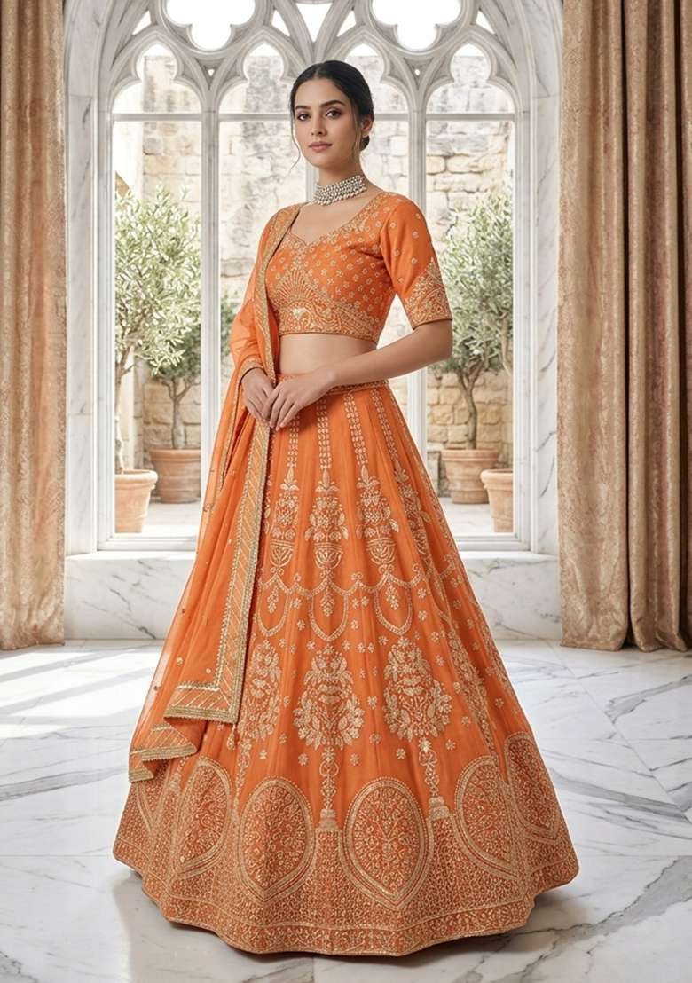 Orange Georgette Lehenga Set with Embroidered for Diwali | Wedding & Festive Wear - Indya