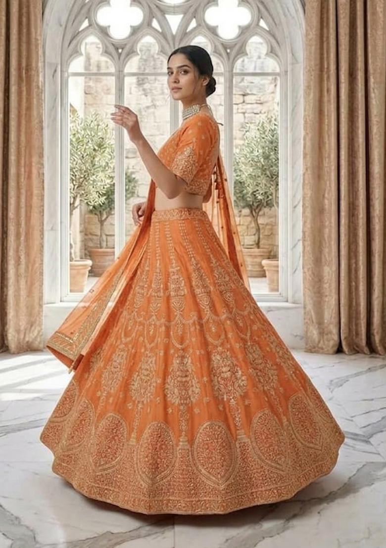 Orange Embroidered Georgette Lehenga Set - Indya