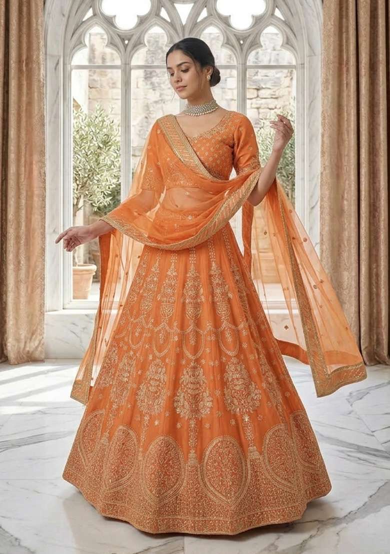 Orange Georgette Lehenga Set with Embroidered for Diwali | Wedding & Festive Wear - Indya
