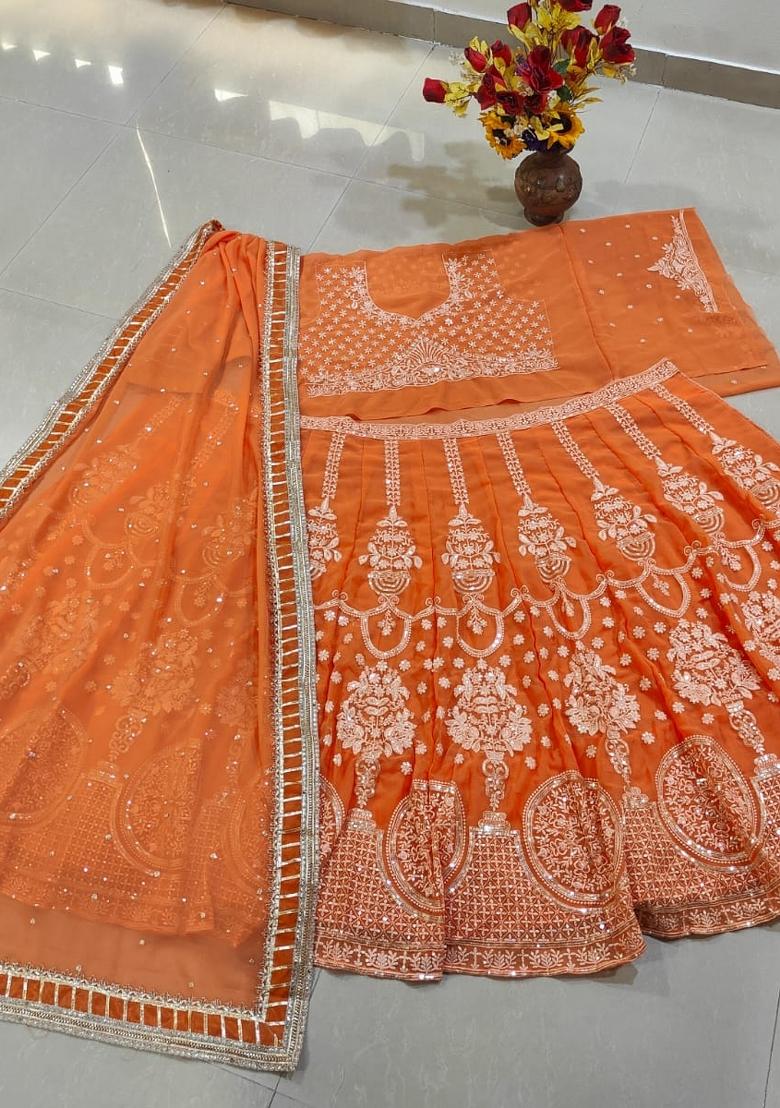 Orange Embroidered Georgette Lehenga Set - Indya