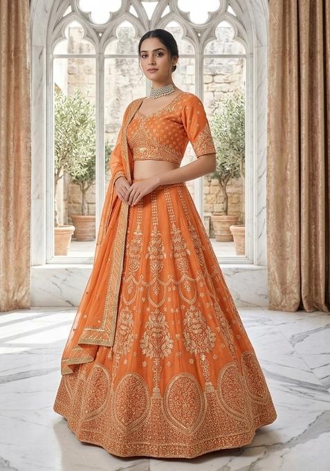 Orange Embroidered Georgette Lehenga Set