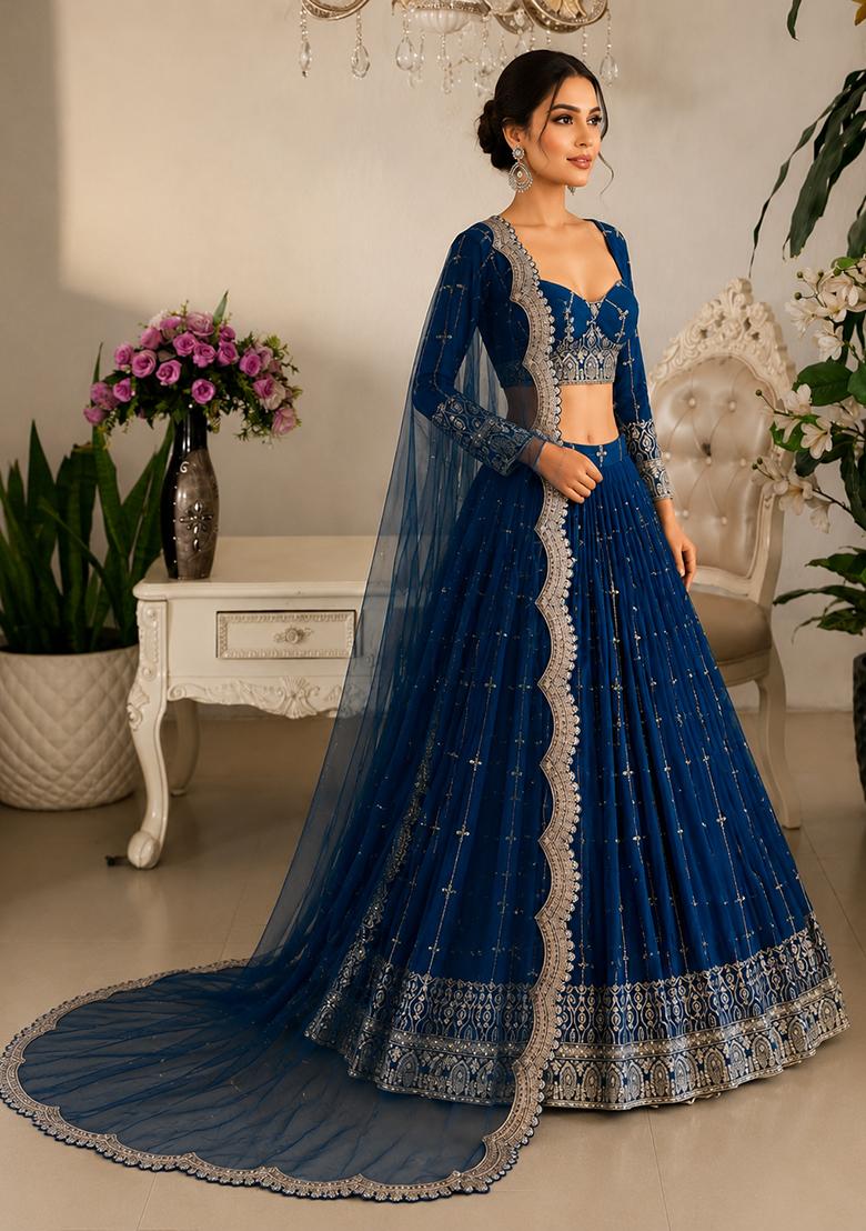Navy Blue Embroidered Georgette Lehenga Set - Indya
